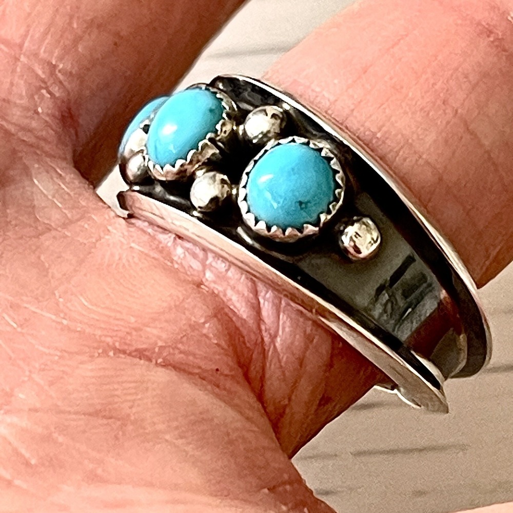 Navajo Turquoise Mens Band Sz 12 Three Stone Ring 12mm Sterling Dark Native 5g - Picture 3 of 5
